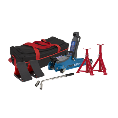 Sealey 1020LEBBAGCOMBO Low Profile Short Chassis Trolley Jack 2 Tonne & Accessories Bag Combo - Blue