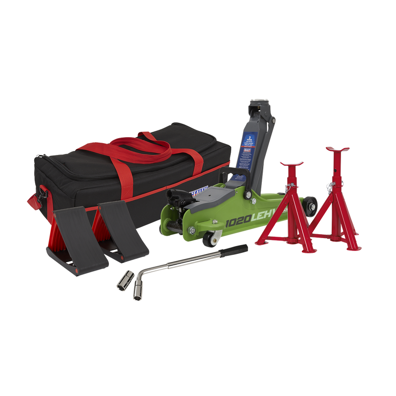 Sealey 1020LEHVBAGCOMBO Low Entry Short Chassis Trolley Jack & Accessories Bag Combo, 2 Tonne - Green