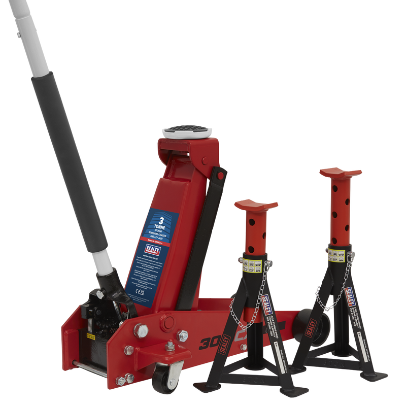 Sealey 3010CX Standard Chassis Trolley Jack 3 Tonne with Axle Stands (Pair) 3 Tonne Capacity per Stand