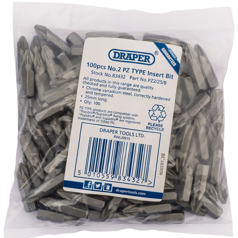 Draper PZ2/25/B PZ TYPE Insert Bits, 1/4", No.2 (Bag of 100)