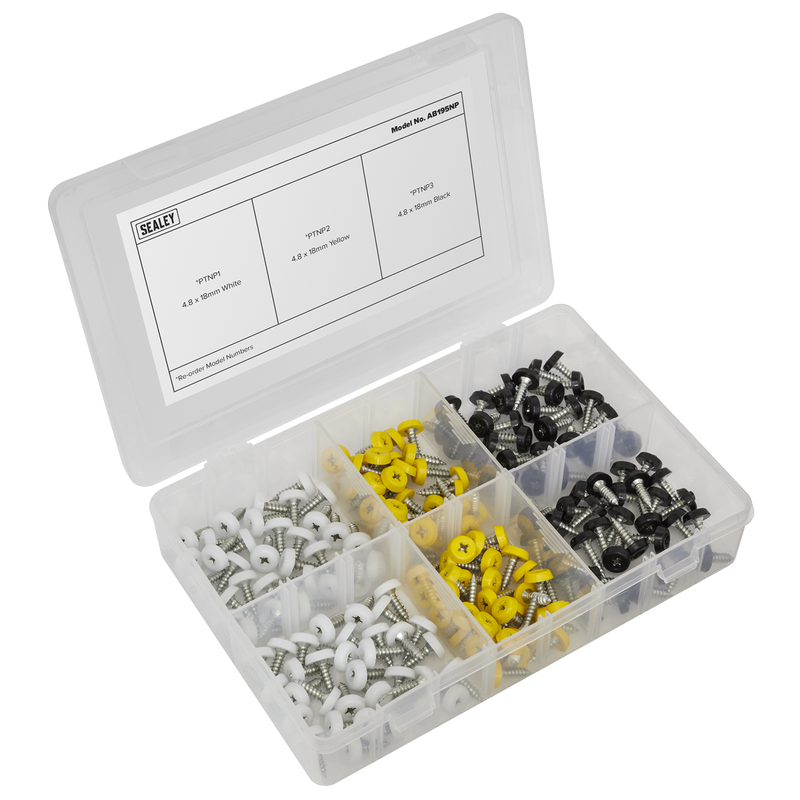 Sealey AB195NP Numberplate Screw Assortment 4.8mm x 18mm 195pc - Plastic Enclosed Head