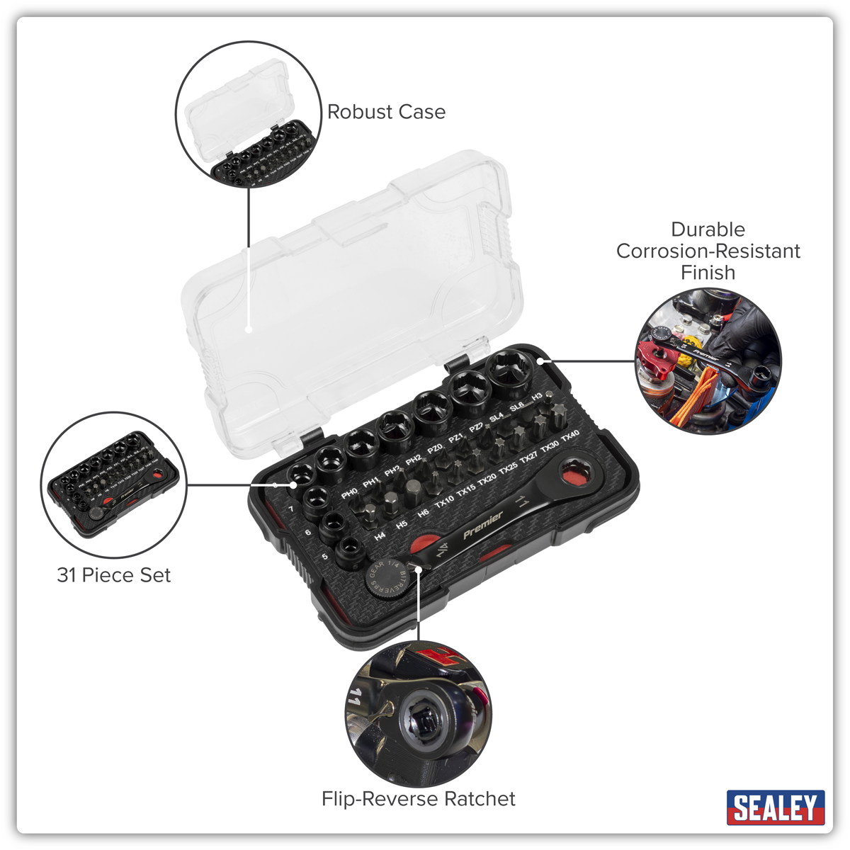 Sealey AK2112 Premier Black Go-Through Lock-On™ Low Profile Socket & Bit Set 1/4"Sq Drive 31pc - additional view 7