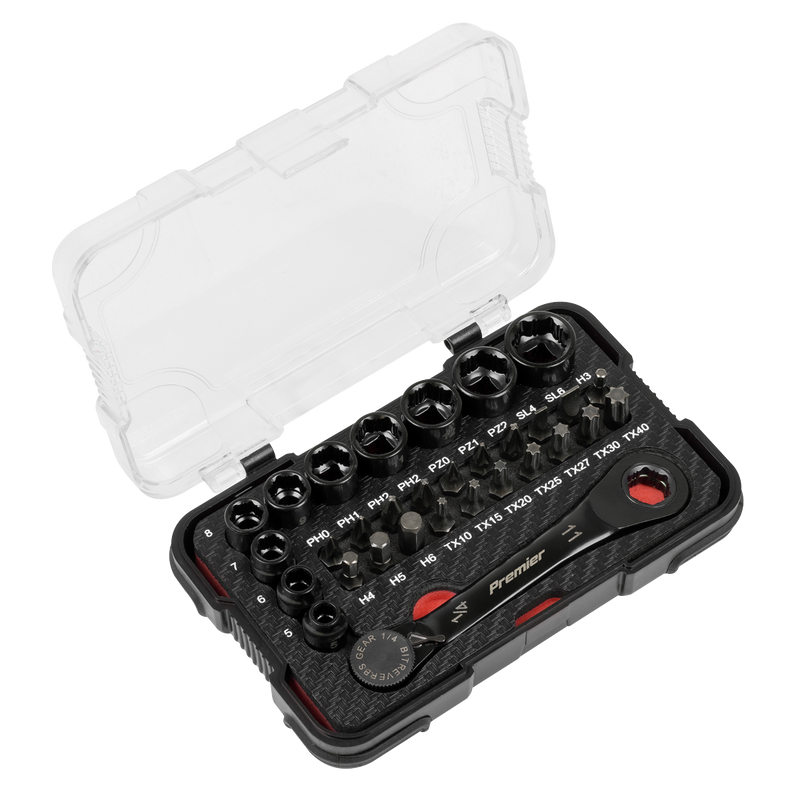 Sealey AK2112 Premier Black Go-Through Lock-On™ Low Profile Socket & Bit Set 1/4"Sq Drive 31pc