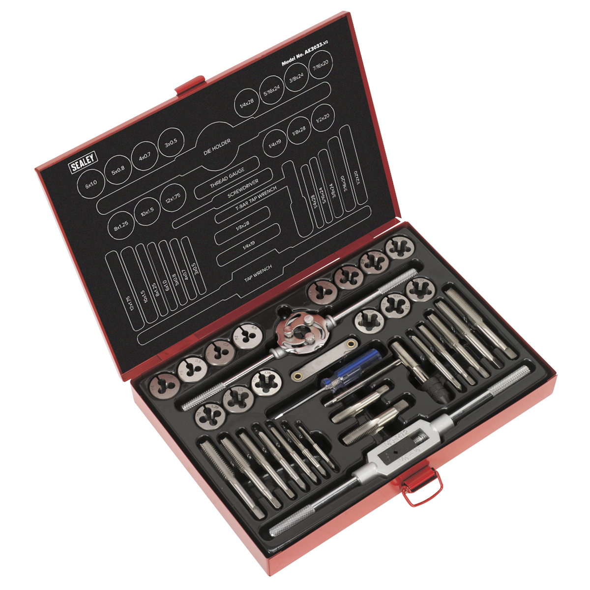 Sealey AK3033 Metric/UNF/BSP Tap & Die Set Split Dies 33pc