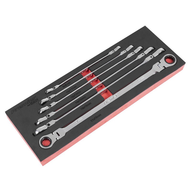Sealey AK63832 Premier Extra-Long Flexi-Head Double End Ratchet Ring Spanner Set 6pc
