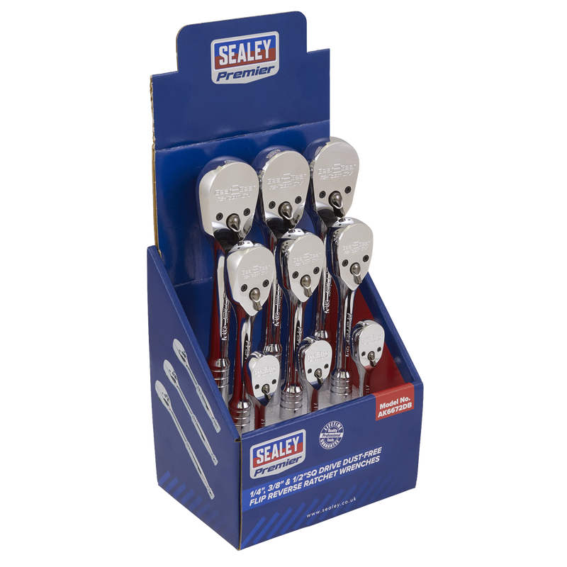 Sealey AK6672DB Premier Pear-Head Ratchet Wrenches with Flip Reverse 1/4", 3/8" & 1/2"Sq Drive - Display Box of 9