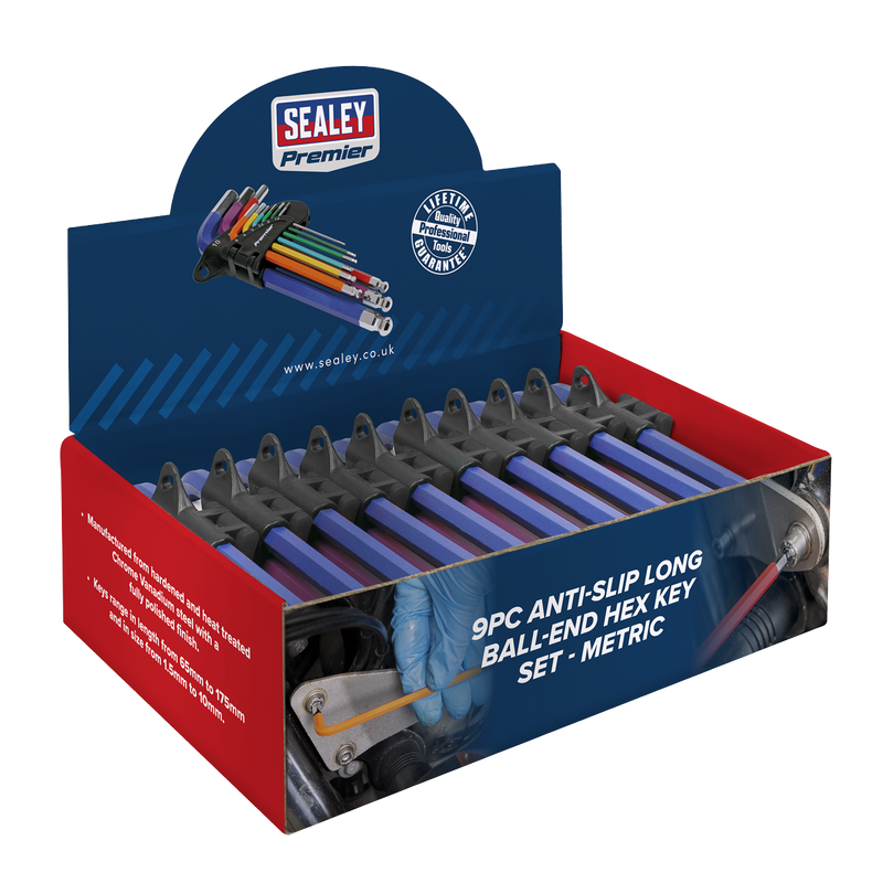 Sealey AK7190DB Premier Long Colour-Coded Ball-End Hex Key Set 9pc - Display Box of 10