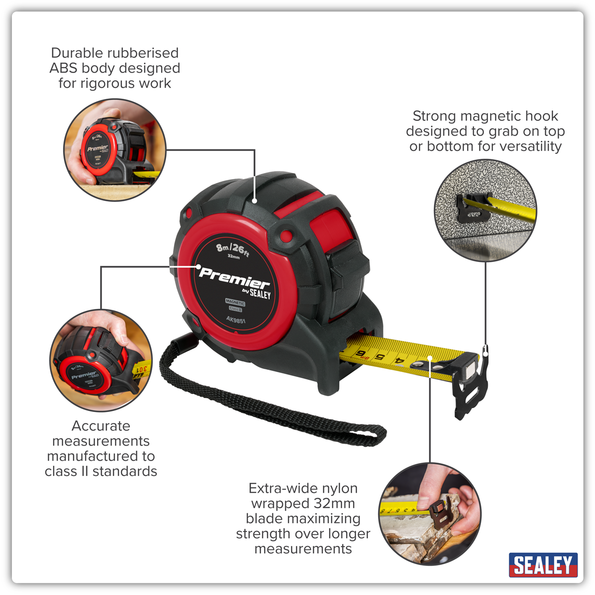 Sealey AK9851 Premier Metric/Imperial Tape Measure Extra-Wide Blade 8m(26ft) x 32mm - additional view 11
