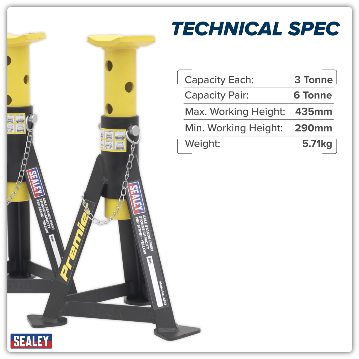 Sealey AS3Y Premier Axle Stands (Pair) 3 Tonne Capacity per Stand - Yellow - additional view 5