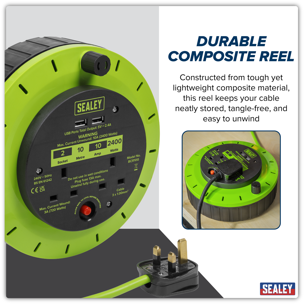 Sealey BCR10G 10m Cassette Type Cable Reel with Thermal Trip 2 x 230V & 2 x USB - Hi-Vis Green - additional view 7