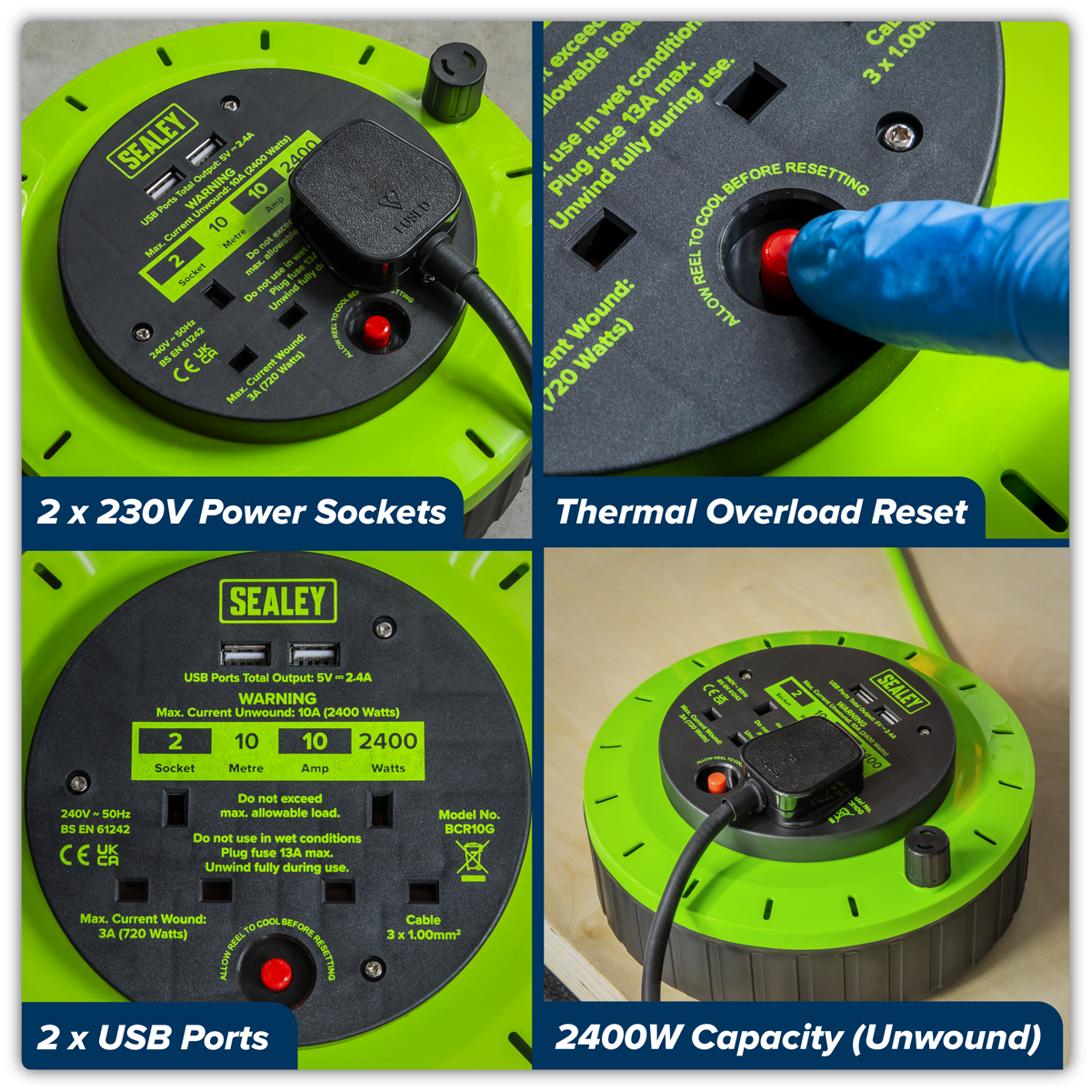 Sealey BCR10G 10m Cassette Type Cable Reel with Thermal Trip 2 x 230V & 2 x USB - Hi-Vis Green - additional view 9