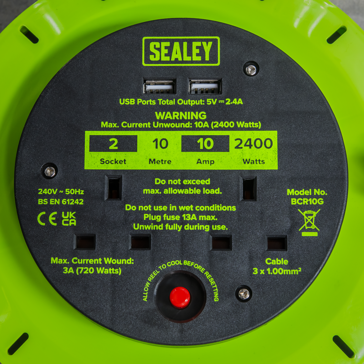 Sealey BCR10G 10m Cassette Type Cable Reel with Thermal Trip 2 x 230V & 2 x USB - Hi-Vis Green - additional view 5
