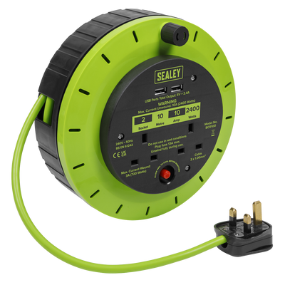 Sealey BCR10G 10m Cassette Type Cable Reel with Thermal Trip 2 x 230V & 2 x USB - Hi-Vis Green