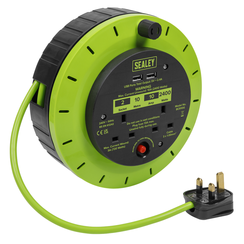 Sealey BCR10G 10m Cassette Type Cable Reel with Thermal Trip 2 x 230V & 2 x USB - Hi-Vis Green
