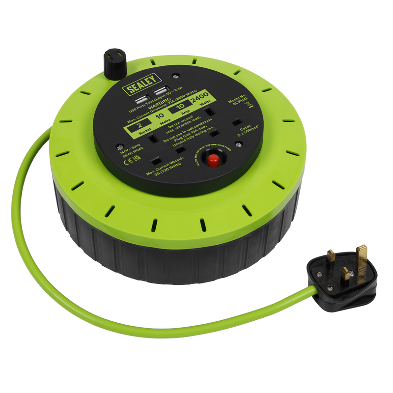 Sealey BCR10G 10m Cassette Type Cable Reel with Thermal Trip 2 x 230V & 2 x USB - Hi-Vis Green - additional view 11