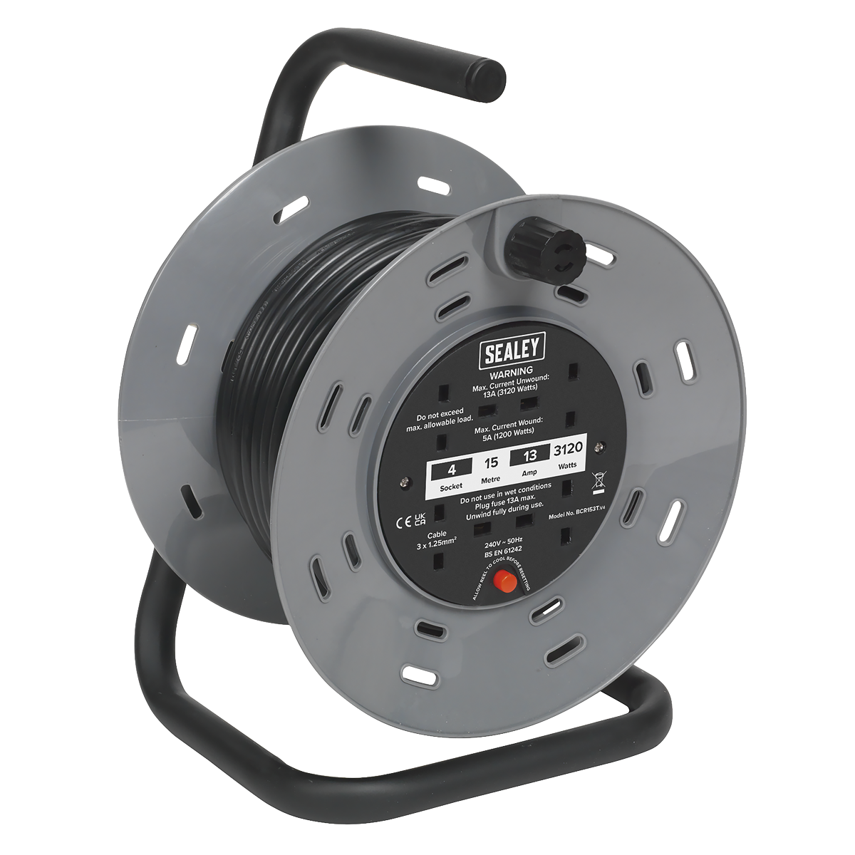 Sealey BCR153T 15m Cable Reel with Thermal Trip 4 x 230V