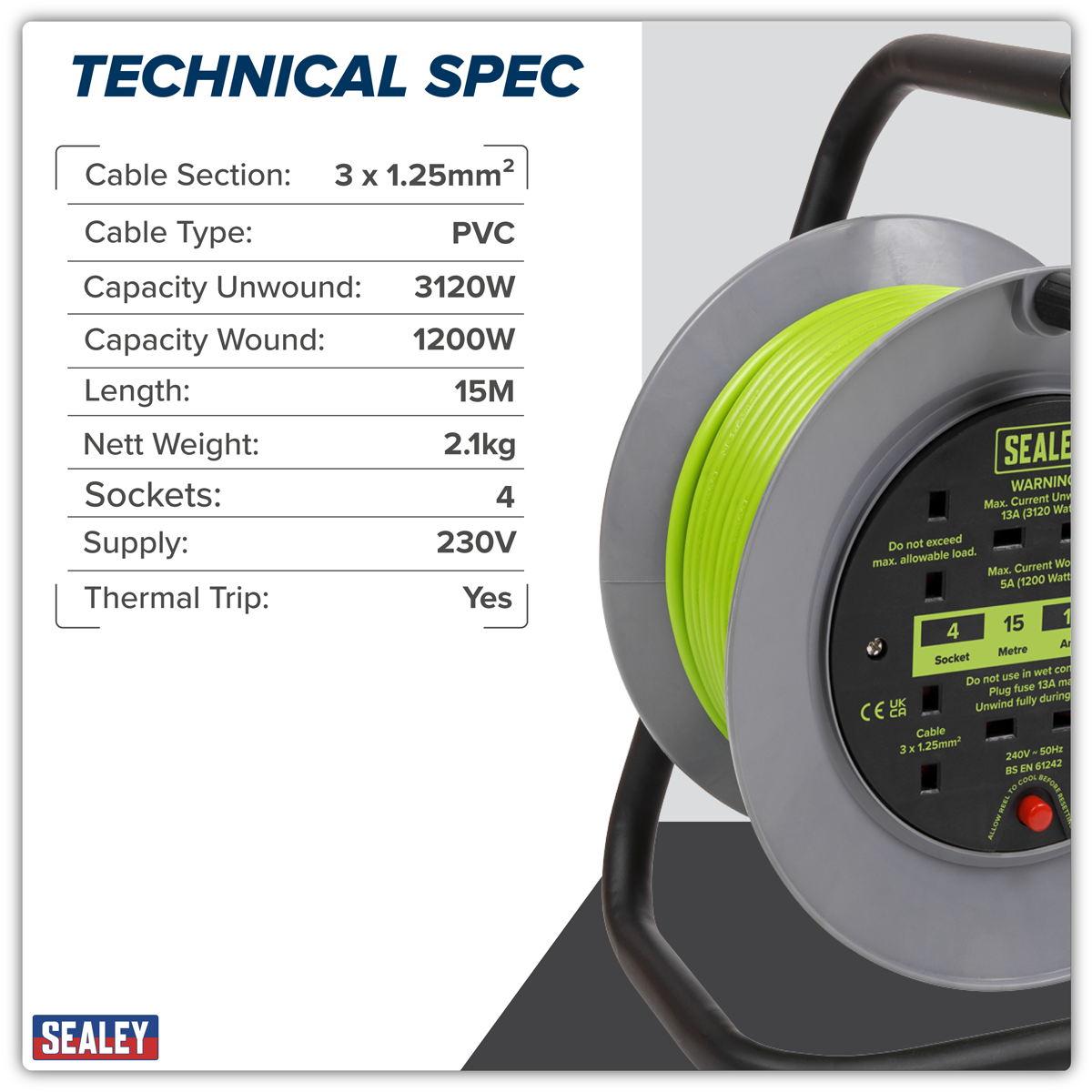 Sealey BCR153TG 15m Cable Reel with Thermal Trip 4 x 230V - Hi-Vis Green - additional view 12