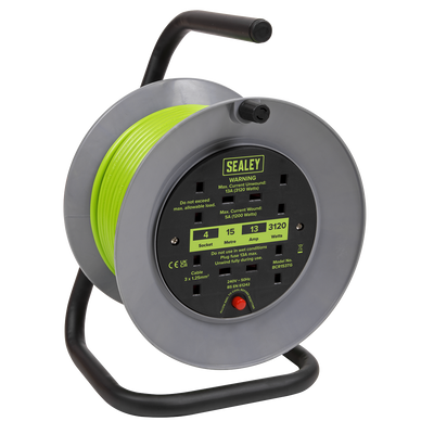 Sealey BCR153TG 15m Cable Reel with Thermal Trip 4 x 230V - Hi-Vis Green