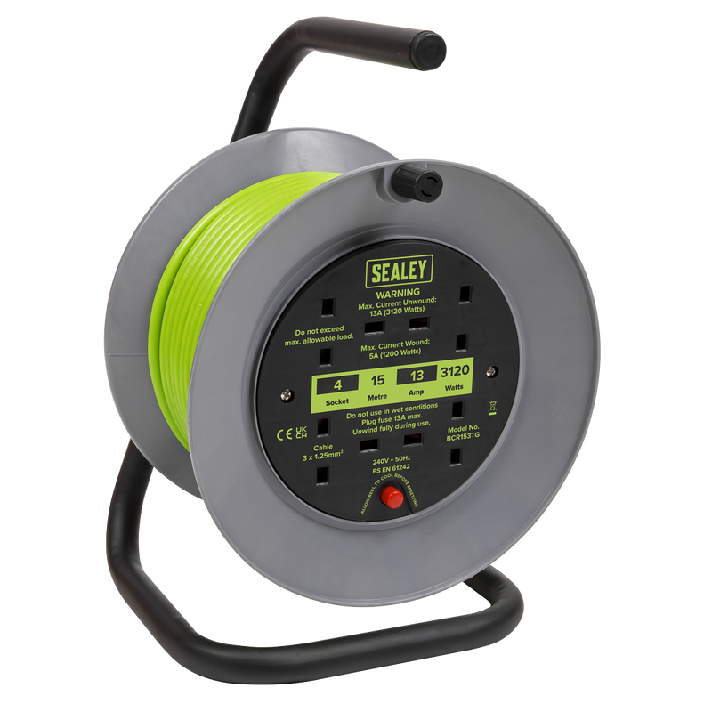 Sealey BCR153TG 15m Cable Reel with Thermal Trip 4 x 230V - Hi-Vis Green
