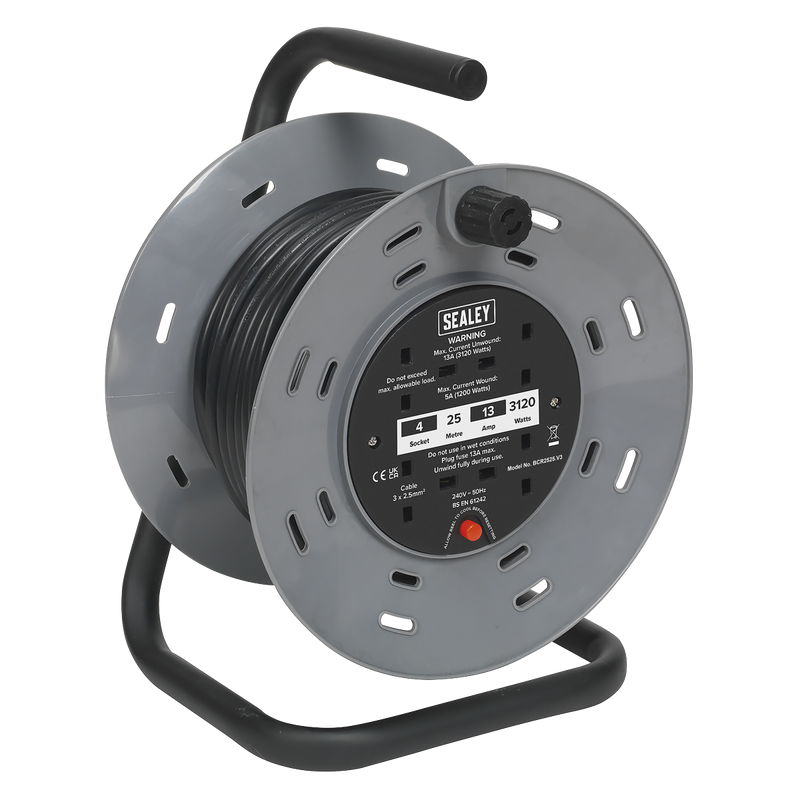 Sealey BCR2525 25m Cable Reel with Thermal Trip 4 x 230V