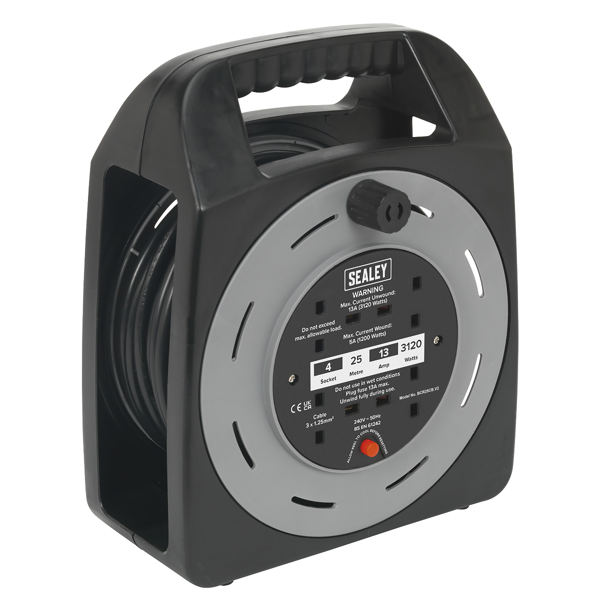 Sealey BCR25CB 25m Box Type Cable Reel with Thermal Trip 4 x 230V