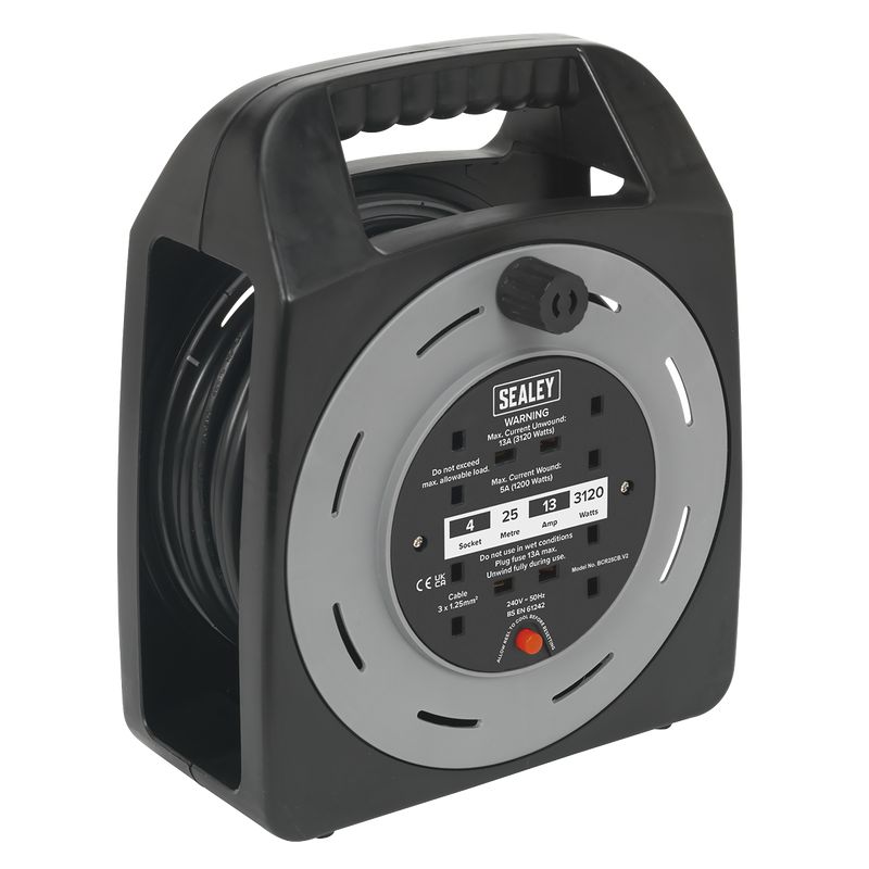Sealey BCR25CB 25m Box Type Cable Reel with Thermal Trip 4 x 230V
