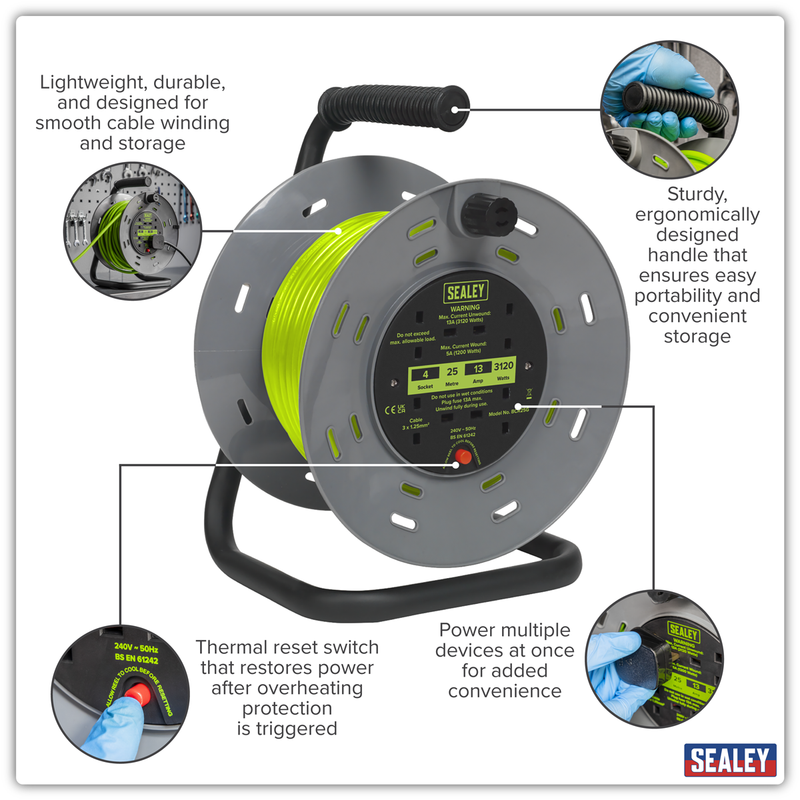 Sealey BCR25G 25m Cable Reel with Thermal Trip 4 x 230V - Hi-Vis Green - additional view 9