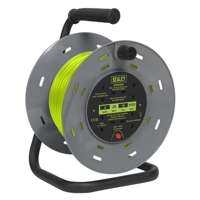 Sealey BCR25G 25m Cable Reel with Thermal Trip 4 x 230V - Hi-Vis Green