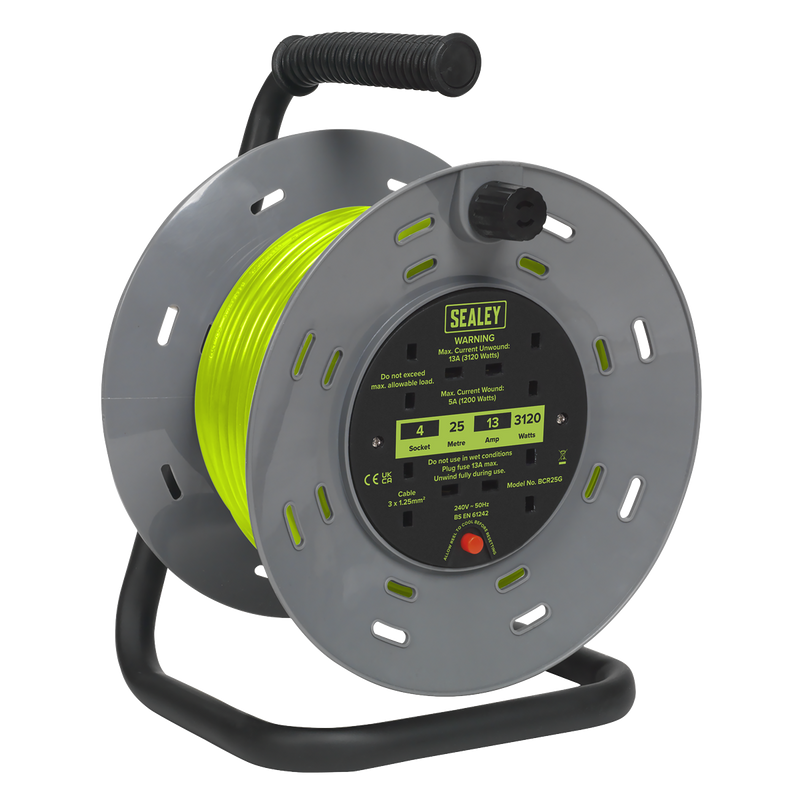 Sealey BCR25G 25m Cable Reel with Thermal Trip 4 x 230V - Hi-Vis Green