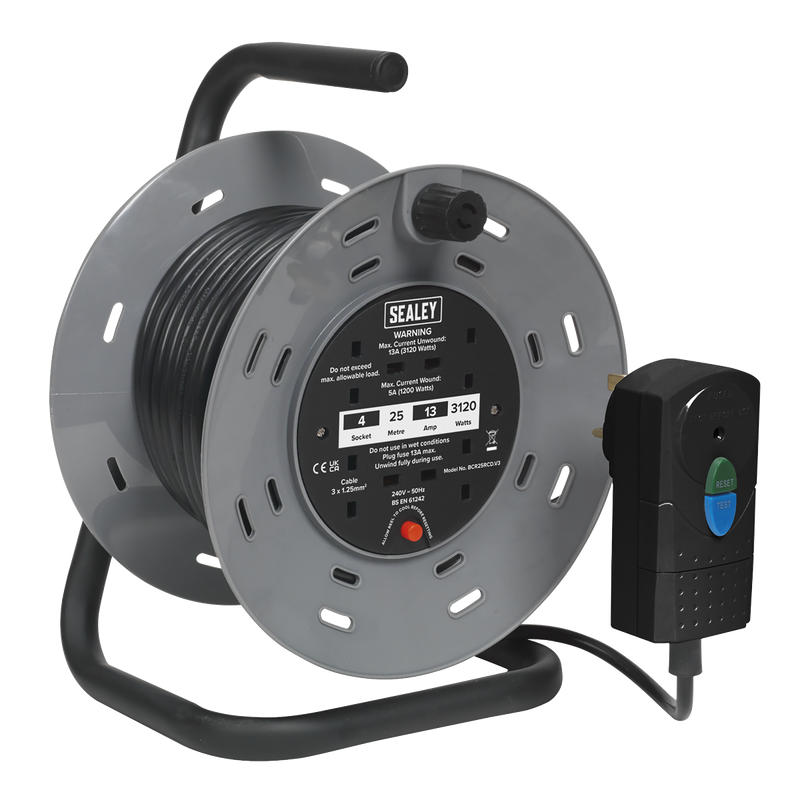 Sealey BCR25RCD 25m Cable Reel with Thermal Trip & RCD Plug 4 x 230V