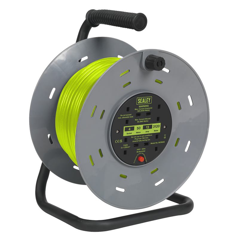 Sealey BCR50G 50m Cable Reel with Thermal Trip 4 x 230V - Hi-Vis Green