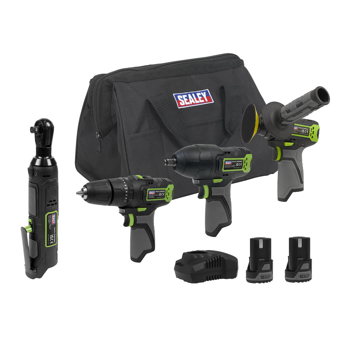 Sealey CP108VCOMBO1EU 4 x SV10.8 Series Cordless Power Tool Kit 10.8V - 2 Batteries & Euro Plug