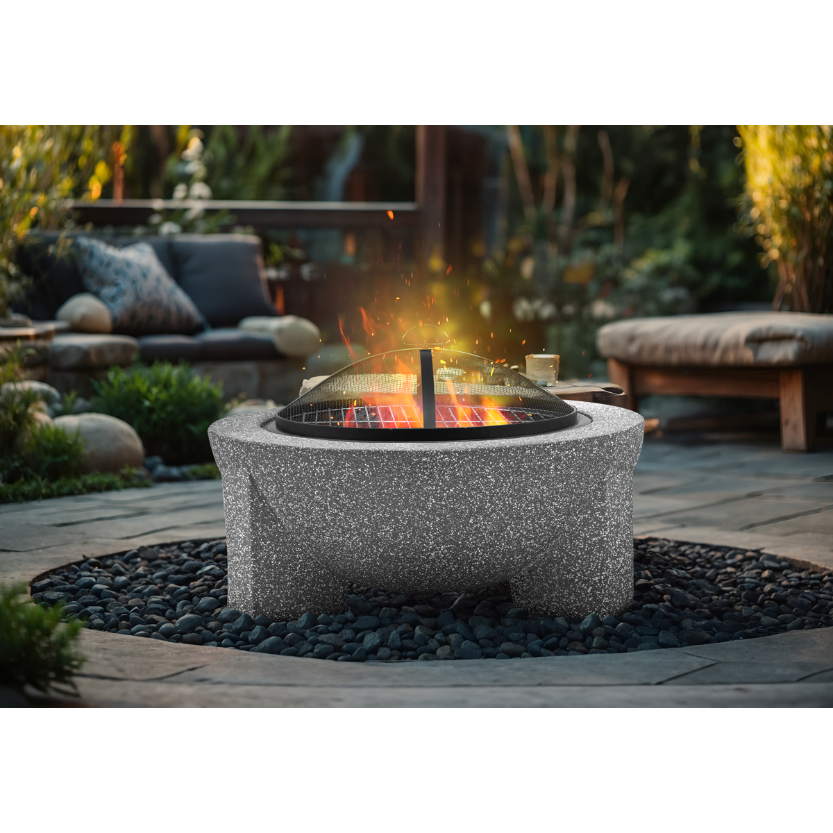Dellonda DG190 Round MgO Fire Pit with BBQ Grill & Safety Mesh Screen 75cm - Light Grey - additional view 8