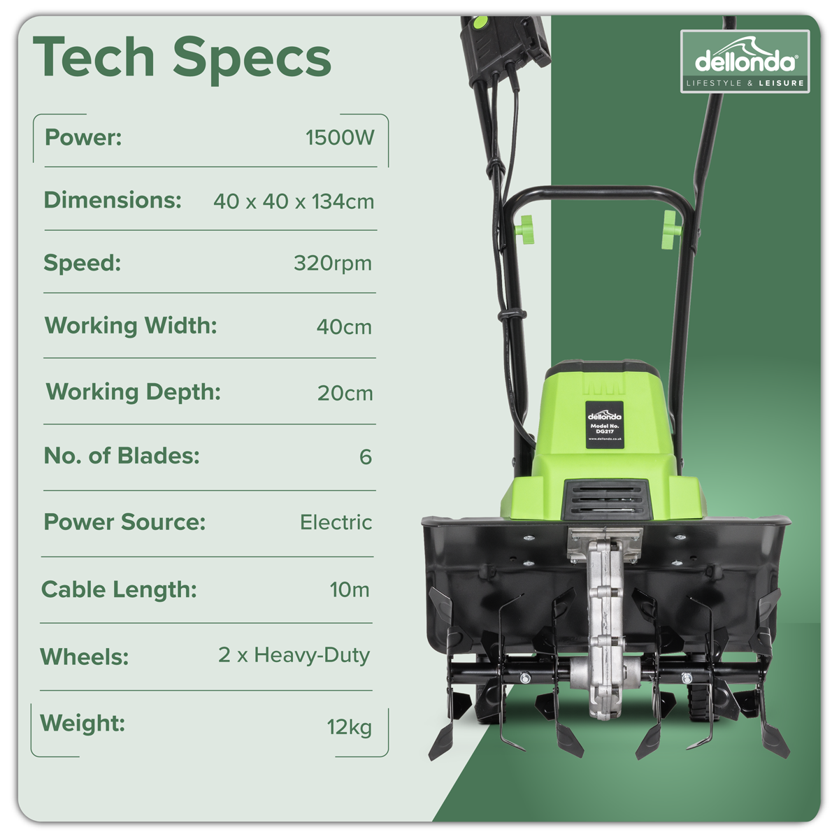 Dellonda DG217 Electric Tiller/Cultivator 1500W - additional view 8