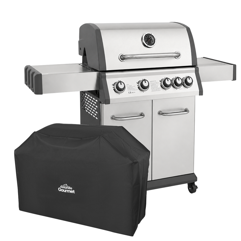 Dellonda DG231 4+1 Burner Deluxe Gas BBQ Grill with Piezo Ignition & Thermometer & Cover - Stainless Steel