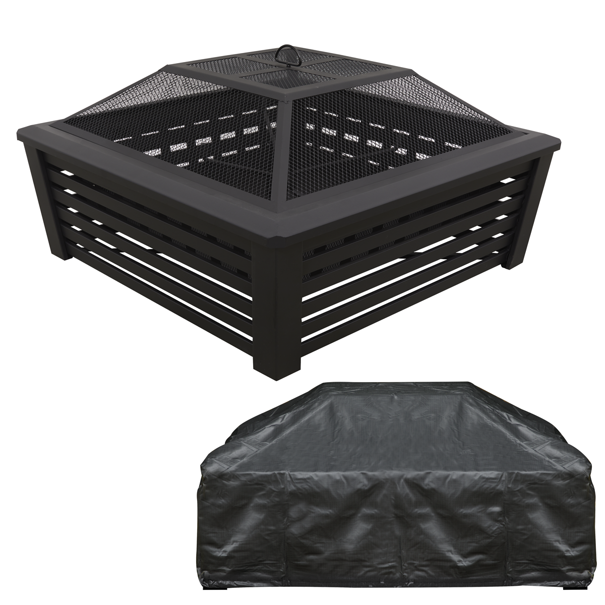 Dellonda DG238 89cm Square Outdoor Fire Pit, Mesh Screen Lid, Black with Water-Resistant Drawstring Cover