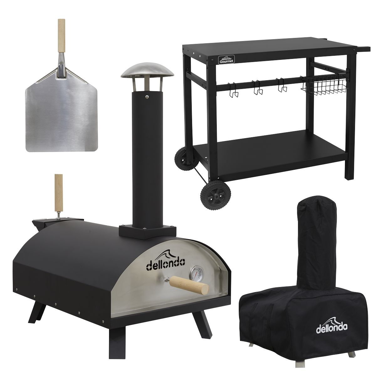 Dellonda DG258 Wood-Fired Pizza Oven, Pizza Peel, Cover & Plancha Trolley 14" - Black