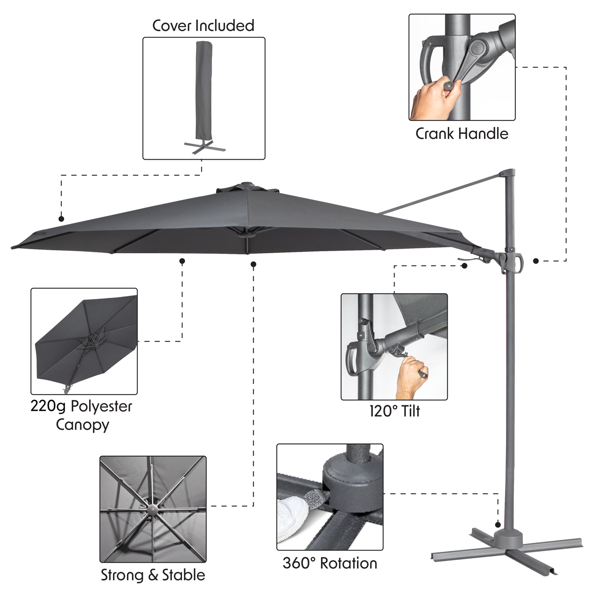Dellonda DG267 Cantilever Parasol with 360° Rotation, Tilt & Cover 3m - Grey - additional view 21