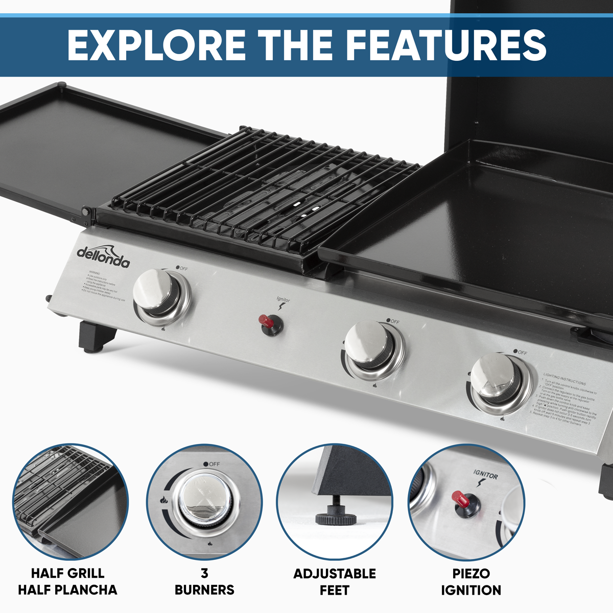 Dellonda DG276 3 Burner Stainless Steel Portable Gas Plancha/Grill 8.5kW - additional view 7