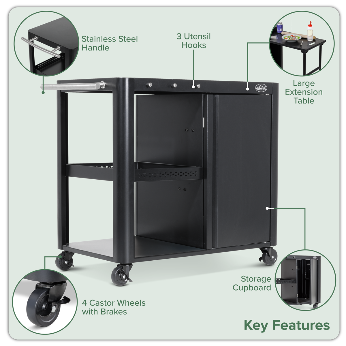 Dellonda DG282 BBQ/Plancha Workstation Trolley with Cupboard, Extension Table & Utensil Hooks, Black - additional view 16