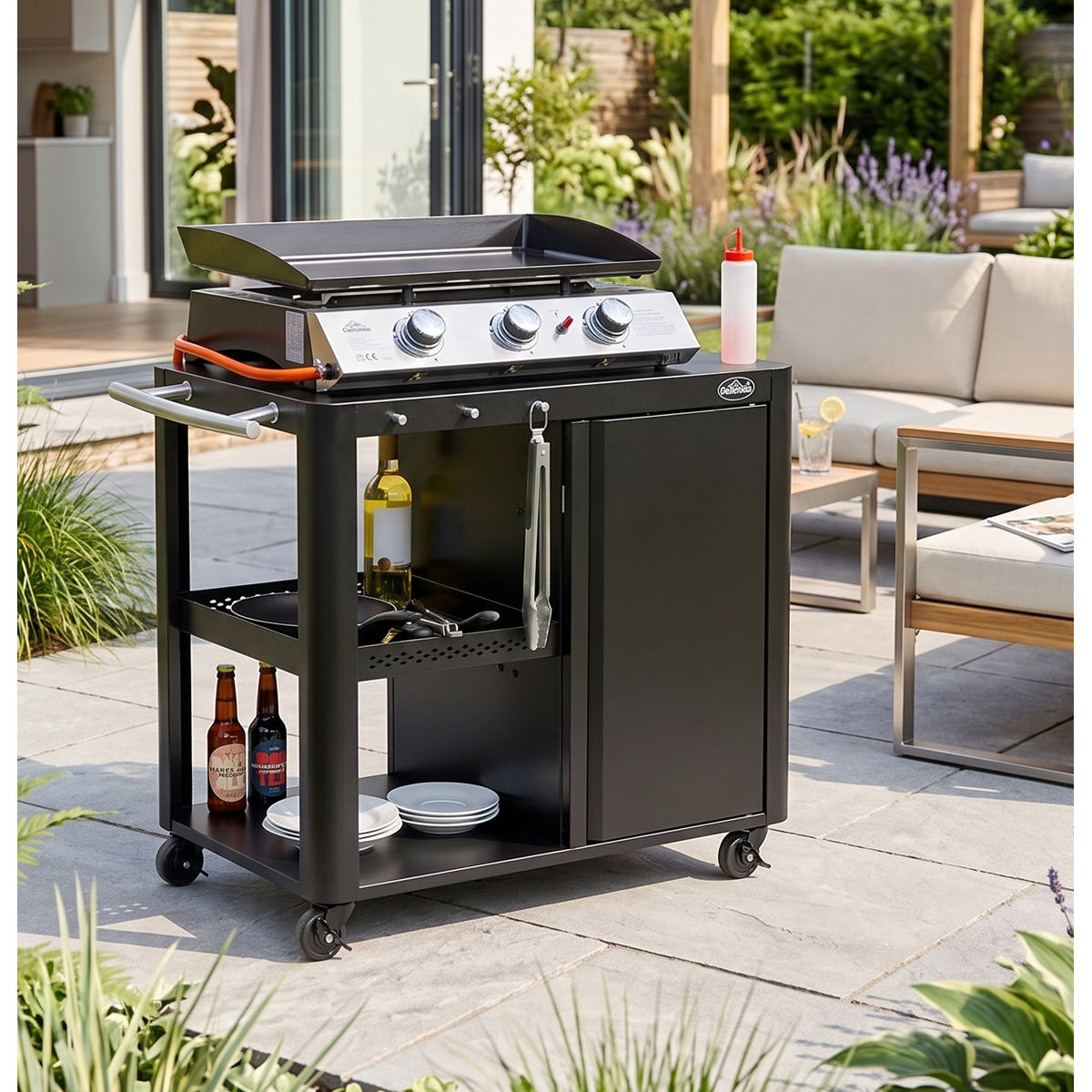 Dellonda DG282 BBQ/Plancha Workstation Trolley with Cupboard, Extension Table & Utensil Hooks, Black - additional view 19