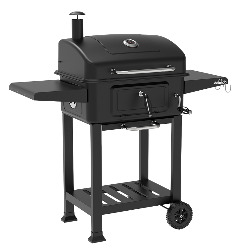 Dellonda DG283 Charcoal Grill BBQ Smoker & Trolley with 2 Side Shelves - Black