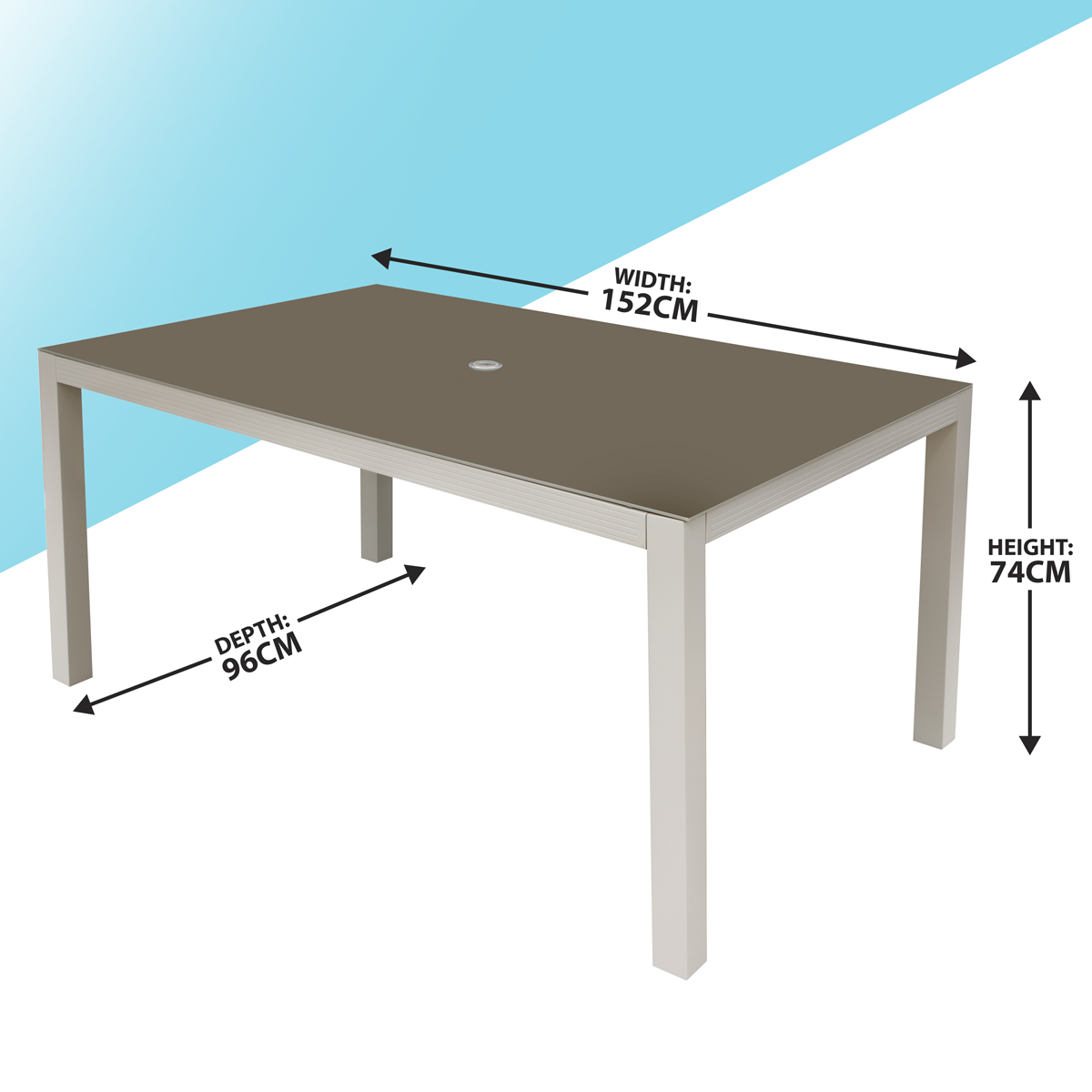 Dellonda DG51 Fusion Aluminium Garden Dining Table with Tempered Glass & Parasol Hole - Light Grey - additional view 6