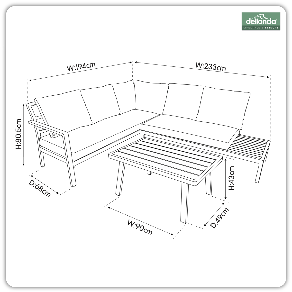 Dellonda DG53 Kyoto Aluminium Outdoor Corner Sofa & Coffee Table Set 3pc - additional view 9