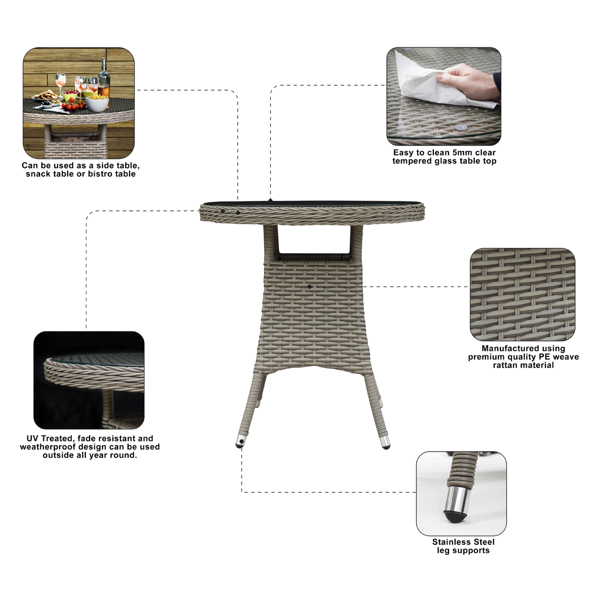 Dellonda DG65 Chester Rattan Wicker Round Outdoor Table with Tempered Glass Top - additional view 11