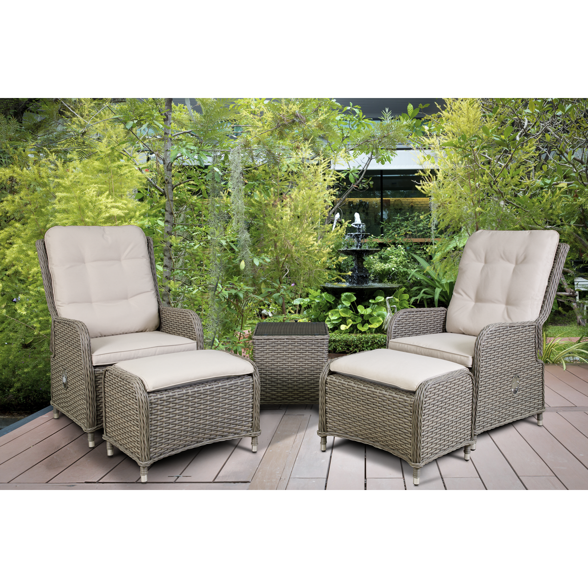 Dellonda DG68 Chester Rattan Wicker Outdoor Recliner Loungers & Table Set 5pc - additional view 3