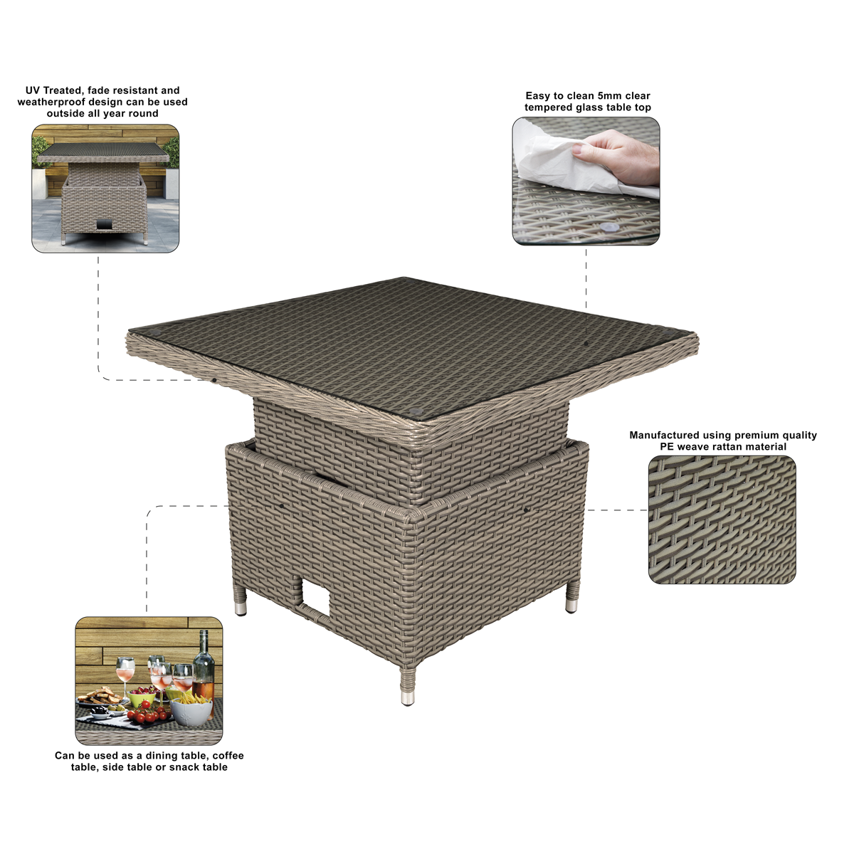 Dellonda DG73 Chester Rattan Wicker Adjustable-Height Outdoor Dining Table - additional view 9