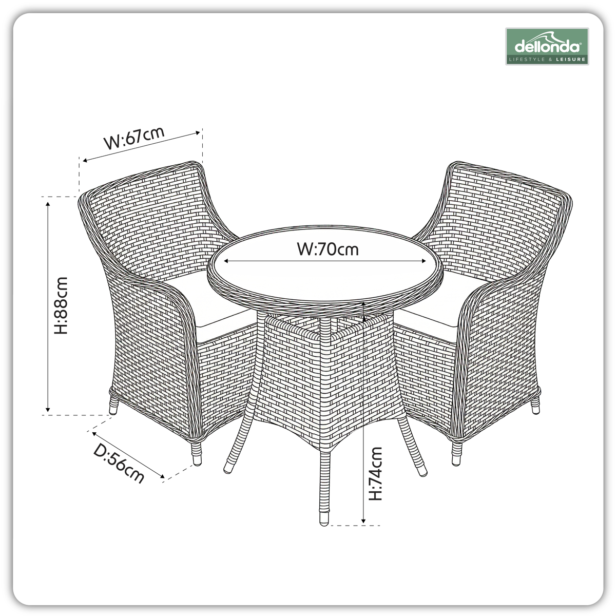 Dellonda DG86 Chester Rattan Wicker Outdoor Dining Set with Tempered Glass Tabletop 3pc - additional view 6