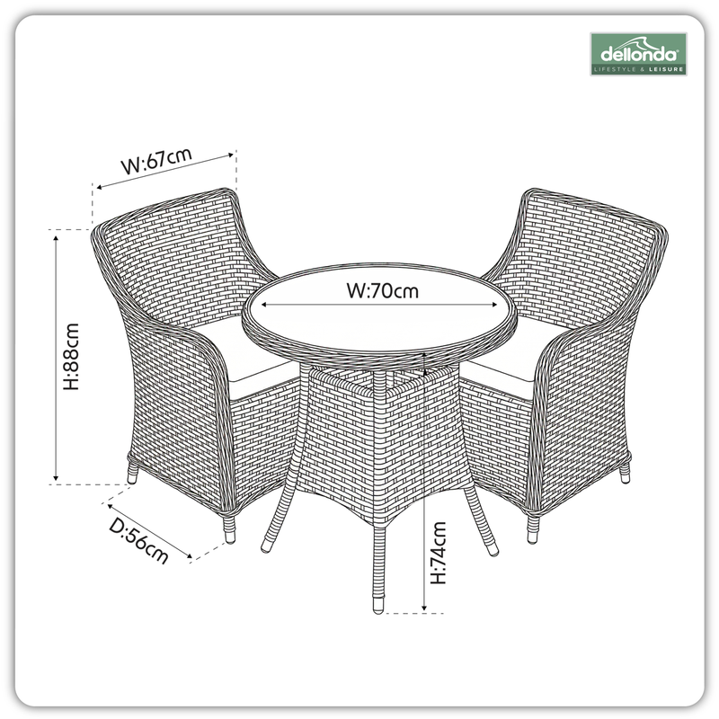 Dellonda DG86 Chester Rattan Wicker Outdoor Dining Set with Tempered Glass Tabletop 3pc - additional view 6