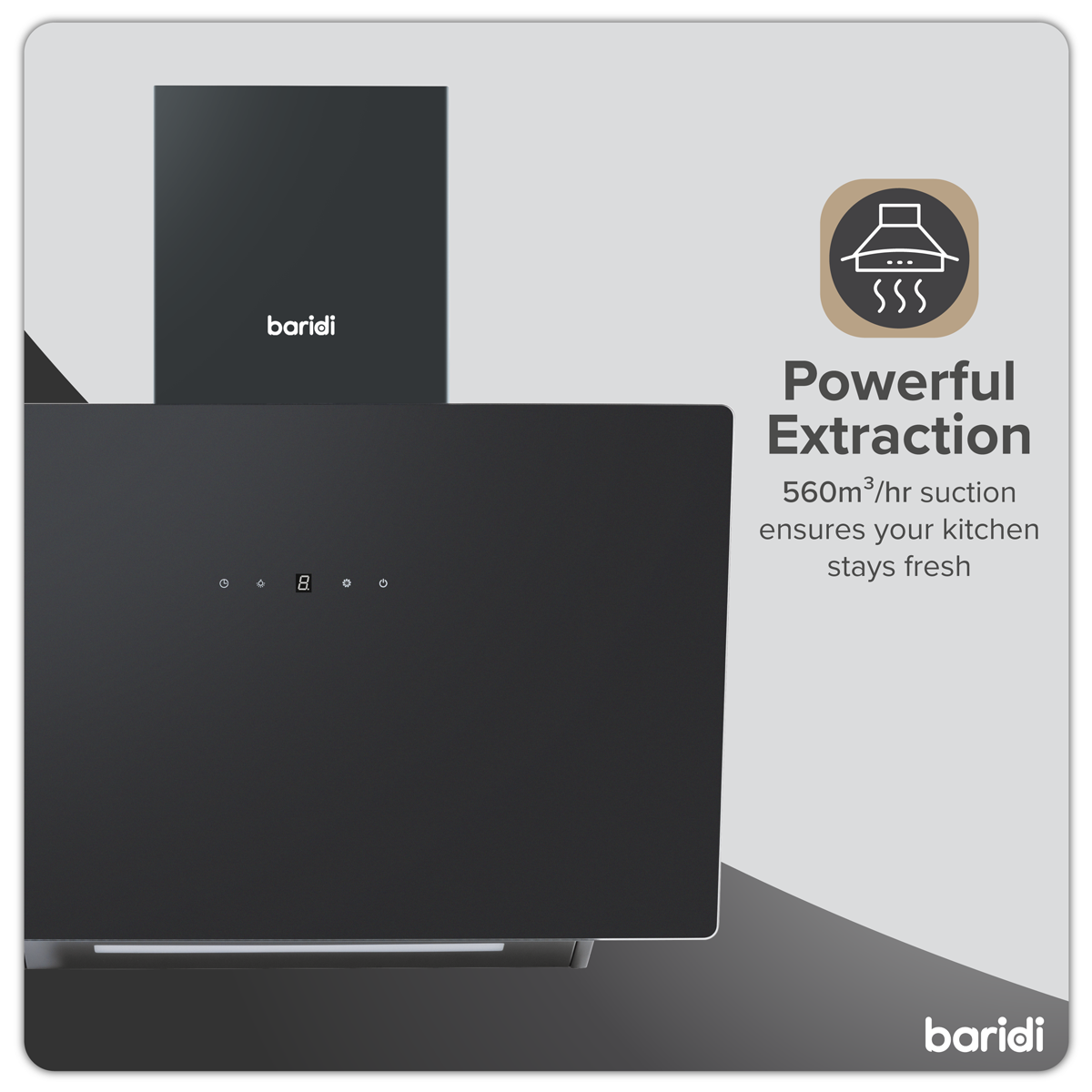 Baridi DH105 Angled Chimney Cooker Hood with Touch Controls & Carbon Filters 60cm - Black Glass - additional view 6